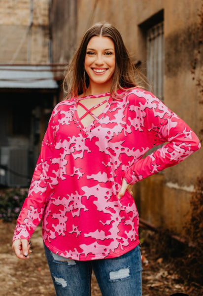 COW PRINT PINK STUDDED CAGE NECKLINE TOP