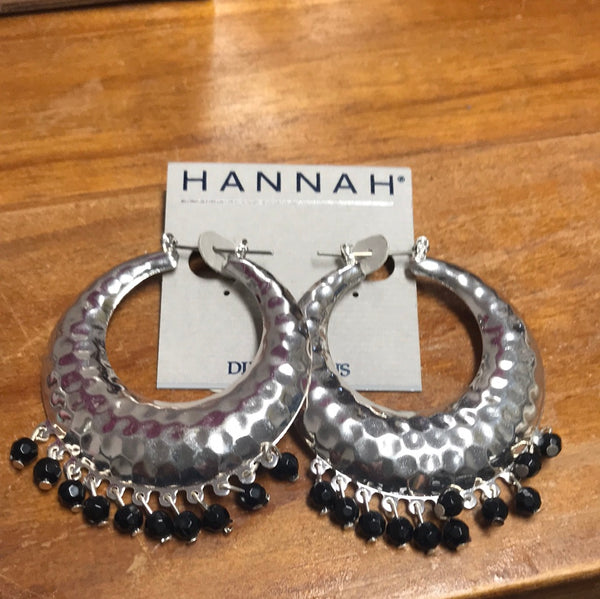 Hannah Earring- Silver Hoop - Black Beads