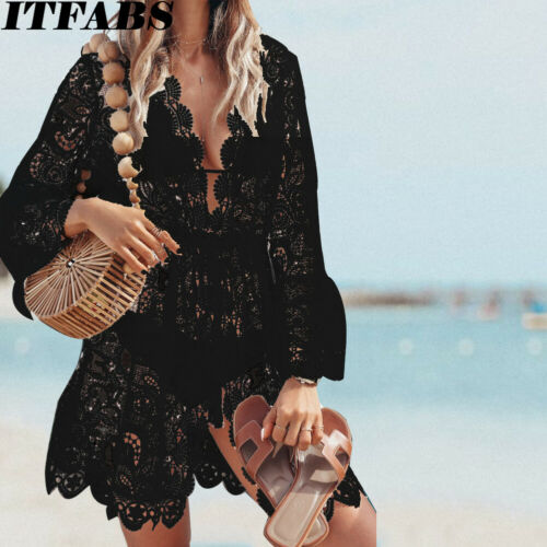 Hot sale Autumn Lace Croche Women sexy Crochet Bikini Cover Up Floral White Black Bathing Swimwear Beach Suit Summer Dress Tops