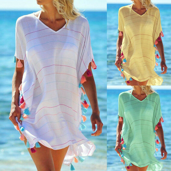 Women Tassel Dress Summer V Neck Ladies Blouse Shirt Swimming Tops Striped Bikini Cover Up Swimwear Beach Dress Salida De