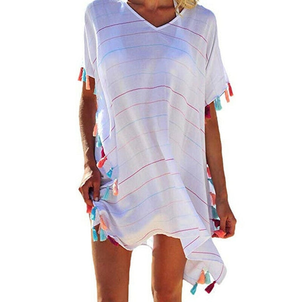 Women Tassel Dress Summer V Neck Ladies Blouse Shirt Swimming Tops Striped Bikini Cover Up Swimwear Beach Dress Salida De