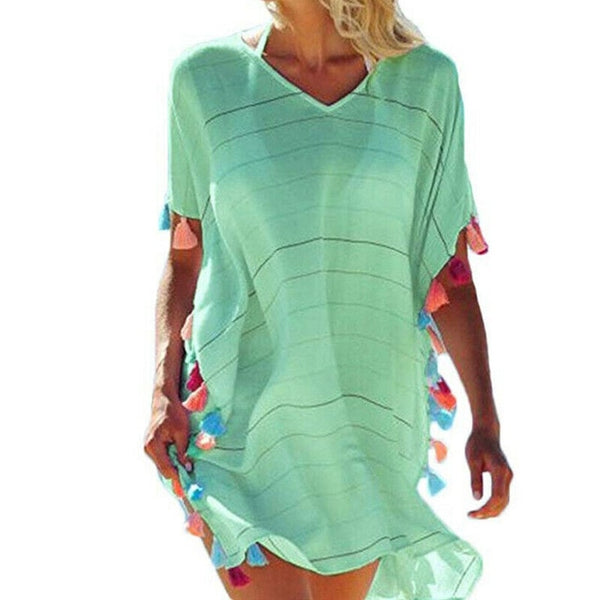 Women Tassel Dress Summer V Neck Ladies Blouse Shirt Swimming Tops Striped Bikini Cover Up Swimwear Beach Dress Salida De