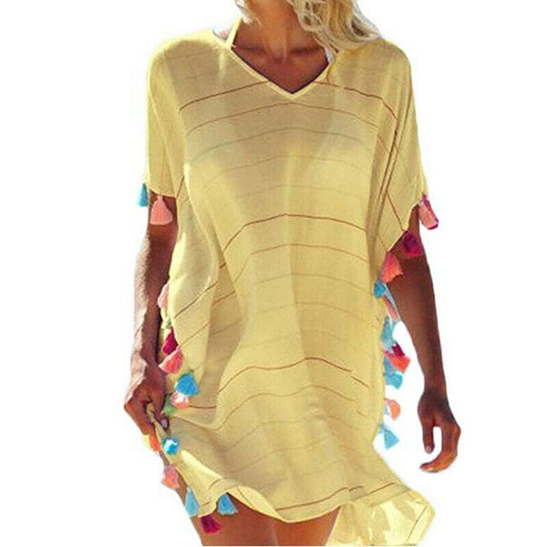 Women Tassel Dress Summer V Neck Ladies Blouse Shirt Swimming Tops Striped Bikini Cover Up Swimwear Beach Dress Salida De